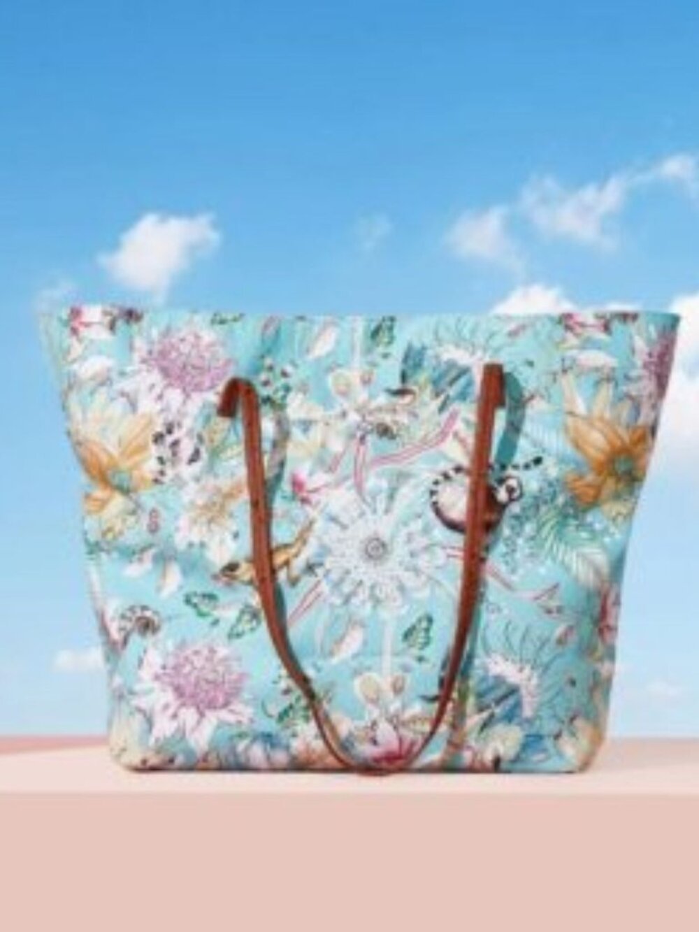 ZARA Beach Collection Floral Canvas Tote Faux Leather Straps Aqua Blue/Pink/Tan